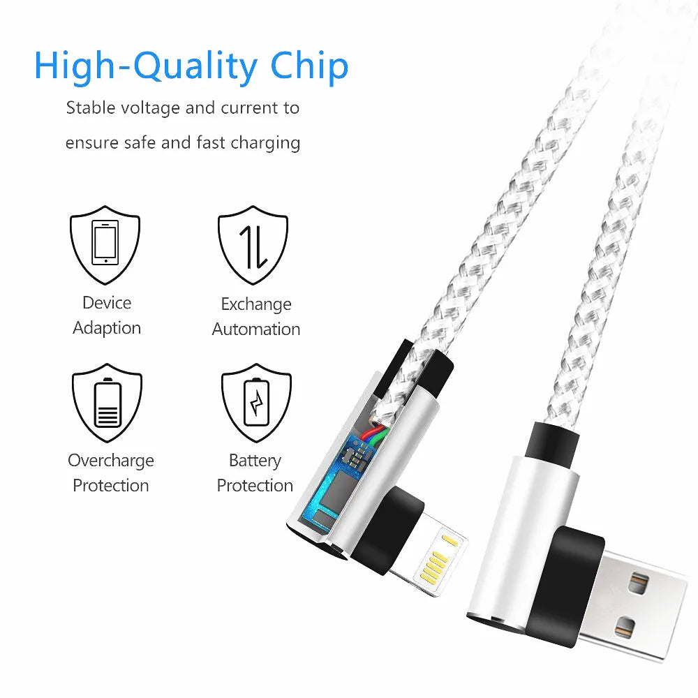USB Cable 90 Degree For iPhone 14 13 12 11 Pro Max X XR 6s 7 8 Plus 1m 2m Lead Mobile Phone Fast Charging Cord Data Charger Wire