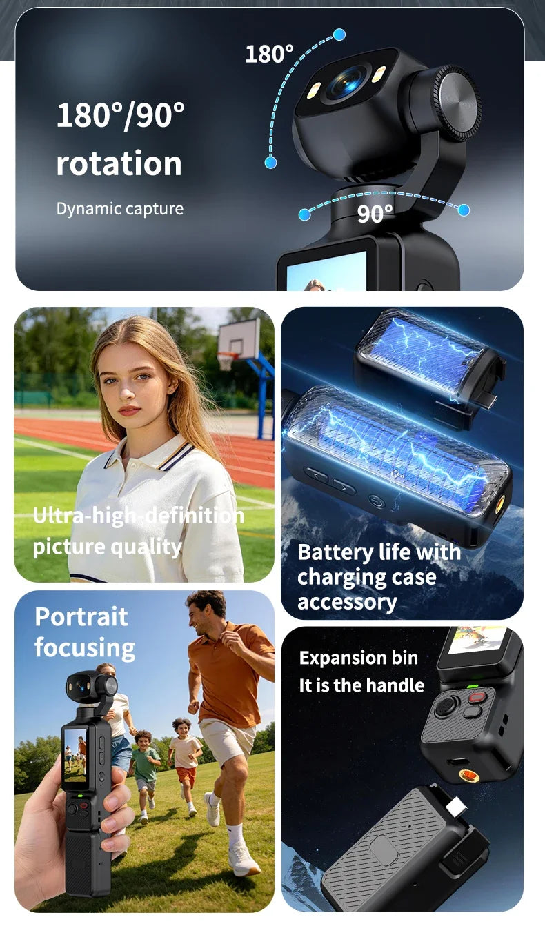 Pocket Handheld Vlog Camera 180°Rotatable Lens Anti-shake Stabilizer HD Portable Action Cam Built-in Fill Light Outdoor Travel
