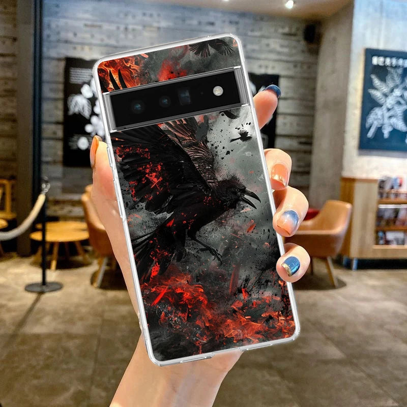 Black Raven Phone Case Cover for Google Pixel 9 8 7 6 5 4 4XL Soft TPU 7A 6A 5A 4A 3A Pro XL 5G Transparent Shell Fundas Capas