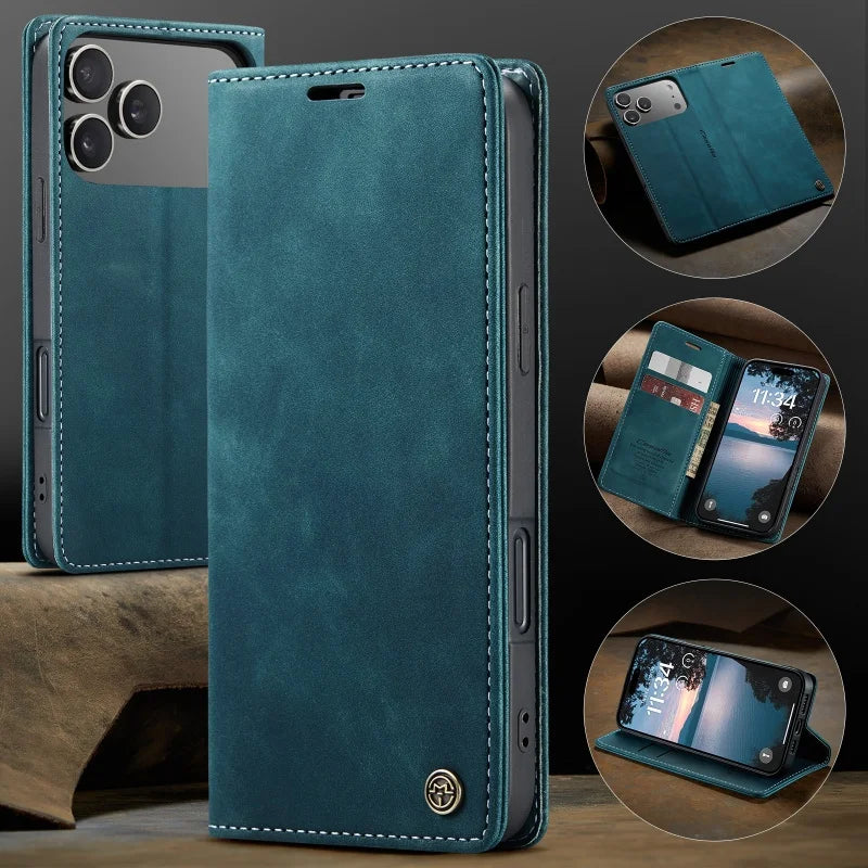CaseMe Retro Magnetic Flip PU Leather Case for iPhone 17 Air 17 Pro 16 15 14 13 12 11 XS XR 8 7 6S 5 SE Wallet Cover Phone Coque