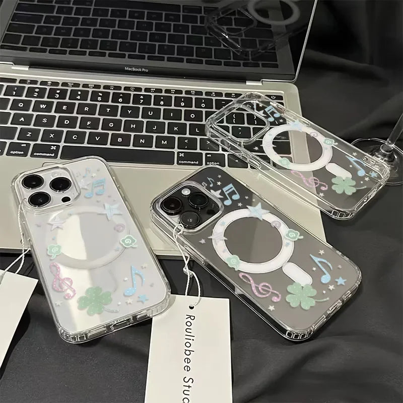 Music Notation Clover Stars For Magnetic Magsafe Phone Case For iPhone 16 15 14 13 12 11 Pro MAX 16e Plus 12 MINI Y2K Soft Cover