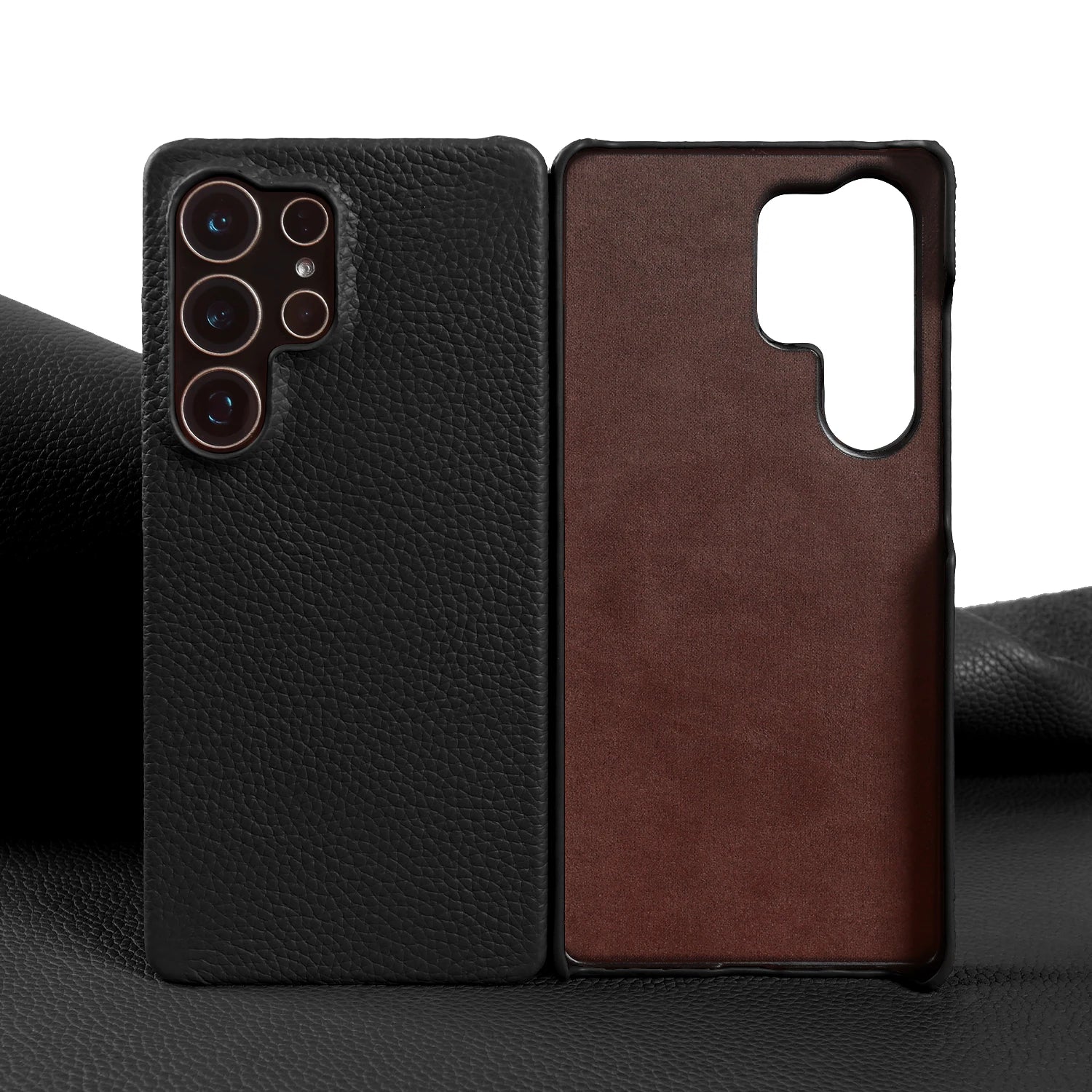 Lychee Grain Genuine Leather Case For Samsung Galaxy S25 Ultra S24 FE S23 Plus S22 S21 Ultra Phone Case Half Wrapped Back Cover