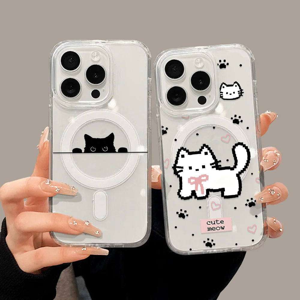 Cute Cat For Magsafe Wireless Charger Case For iPhone 17 16 15 14 11 12 13 Pro Max 17 Air Magnetic Shockproof Clear Phone Cover