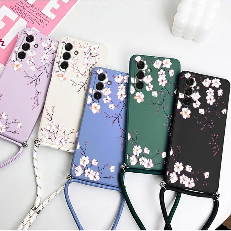 S24 Delicate Flowers Lanyard Silicone Phone Case For Samsung S24 S24Plus S21 S21FE S23FE S23Plus S22Ultra S20FE S24Ultra Cover