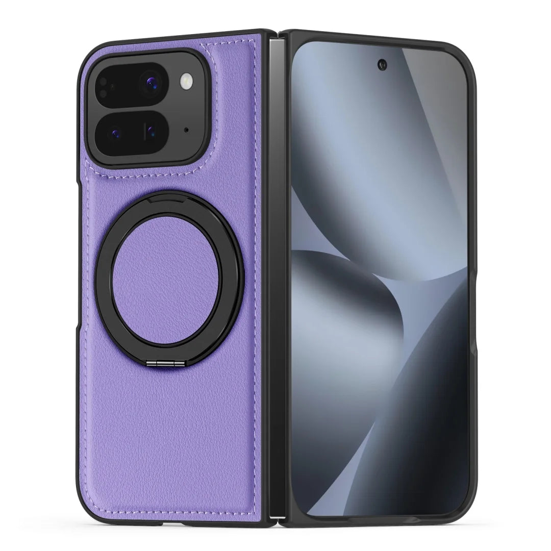Embossed PU Leather Case For Google Pixel 10 Pro Fold Magsafe 360° Rotation Metal Stand Comfort Grip Case Cover