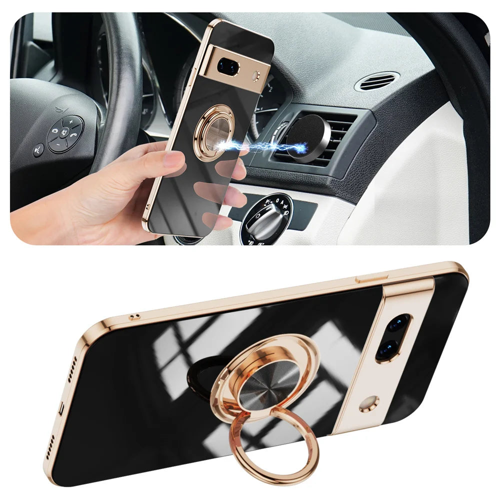 For Google Pixel 8A 9 Pro Ring Holder Case for Google 7A 6A 5A 7 8 10 Pro 9 XL 9XL Magnetic Stand Holder Soft TPU Plating Cover