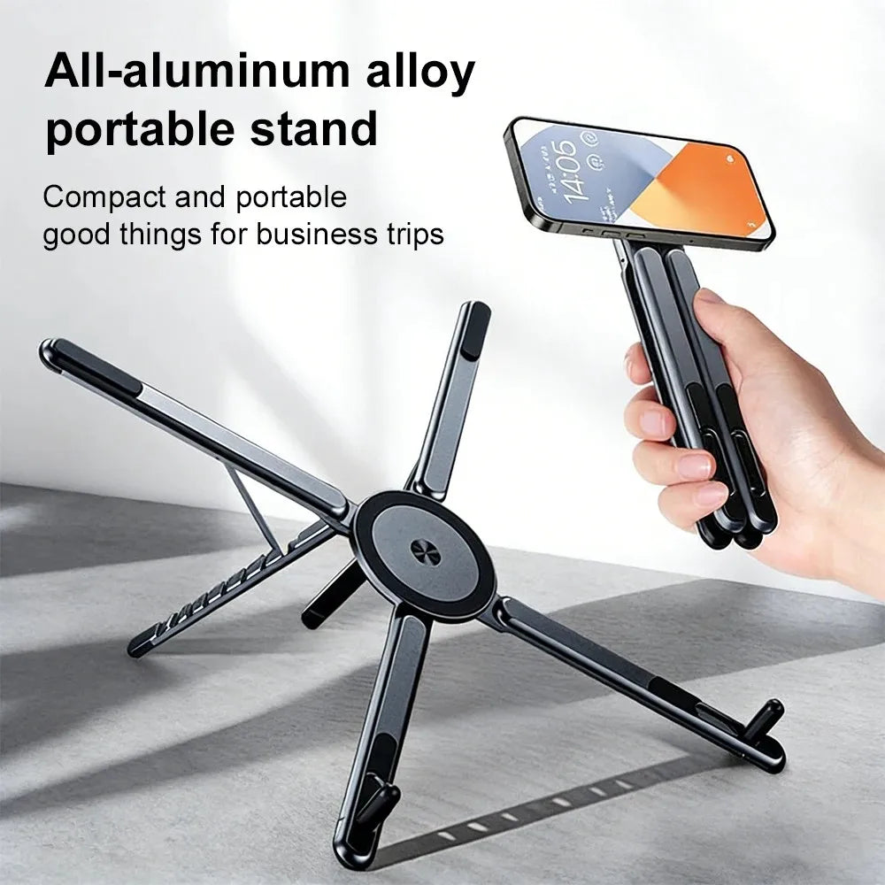 Portable Magnetic Phone Holder & Selfie Stick 3-in-1 Foldable Tripod Stand for iPhone iPad Tablet Laptop Desktop Use