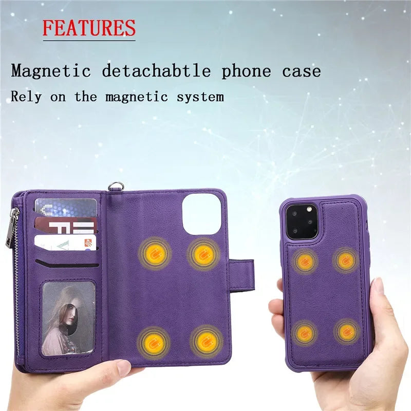 Magnet Detachable Wallet Case For iPhone 16e 15 Pro Max 14 13 Mini 12 11 SE3 SE2 XR 8 7 Plus Leather Card Slots Handbag Cover