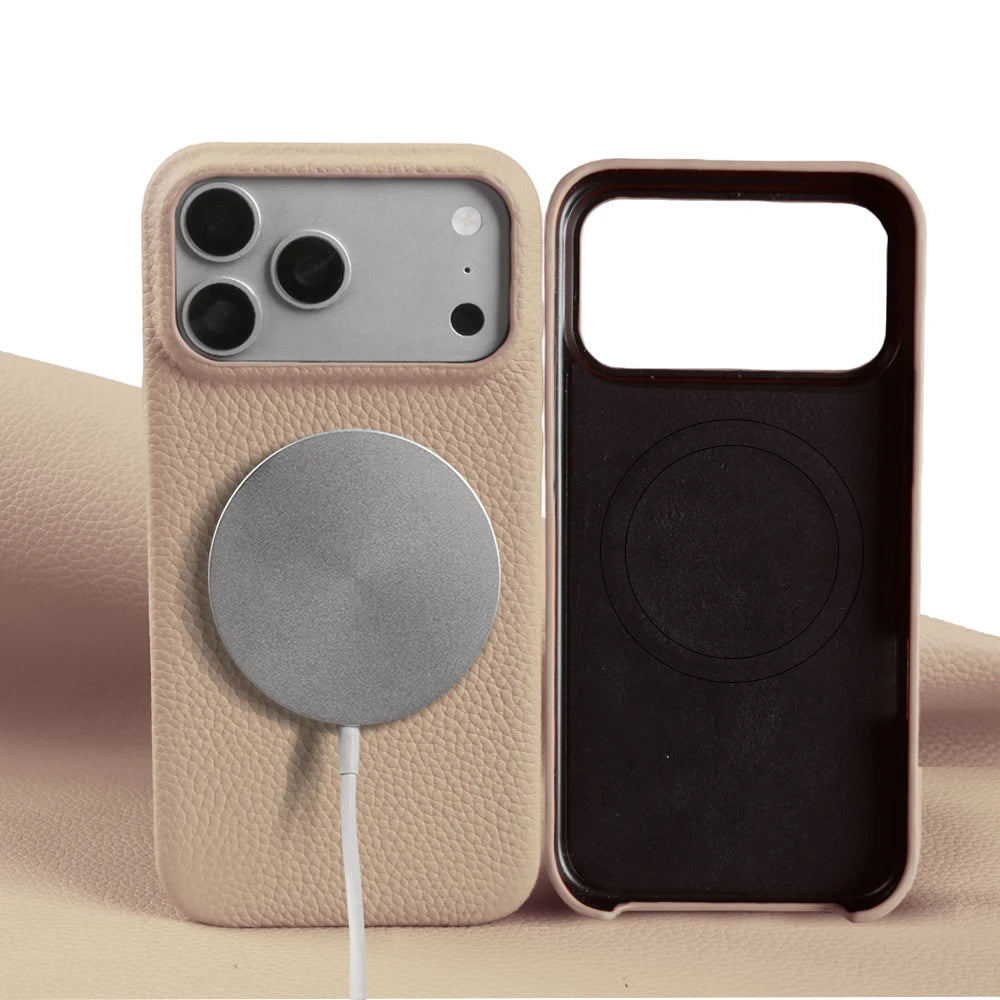 For Magsafe Magnetic Lychee Genuine Leather Case For iphone 17 Pro Max Air 13 14 15 16 Pro Max 16e 17e Phone Back Cover Cases