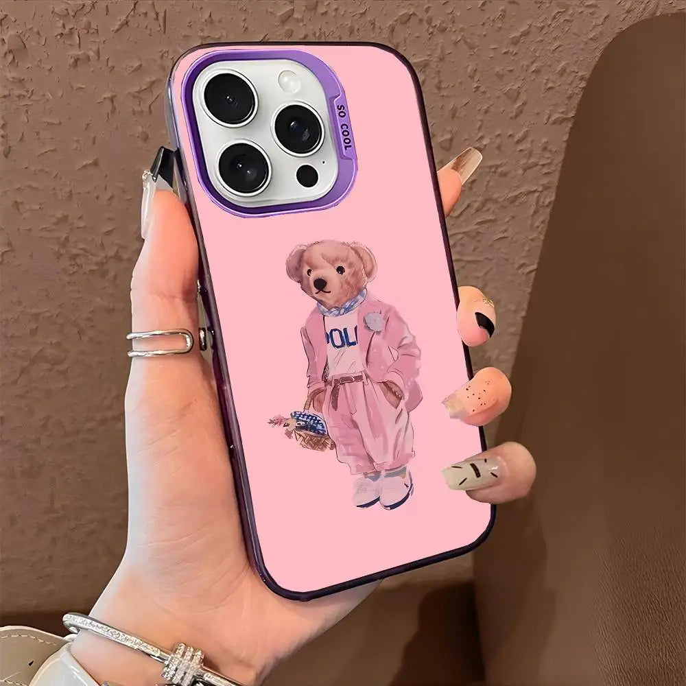 1PC Fashion Bear P-Polo Phone Case For IPhone 17 Air 16 15 14 13 12 11 Pro Max Plus Color Shockproof Back Silver Cove