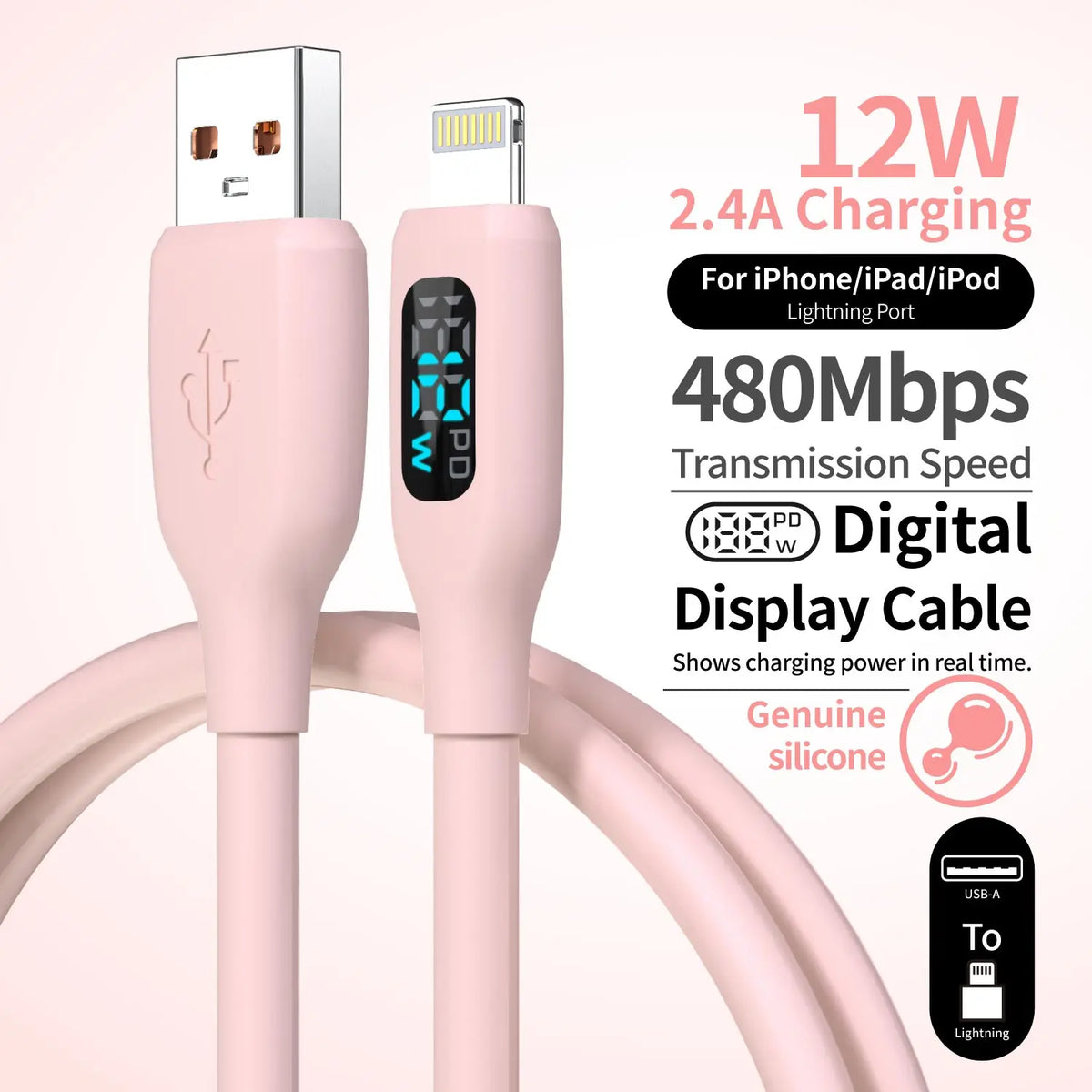 MFI Certif USB A TO Lightning Charging Data Cable Macaron Pink Soft Silicone with LED Digital Display for iPhone 14-8 Series