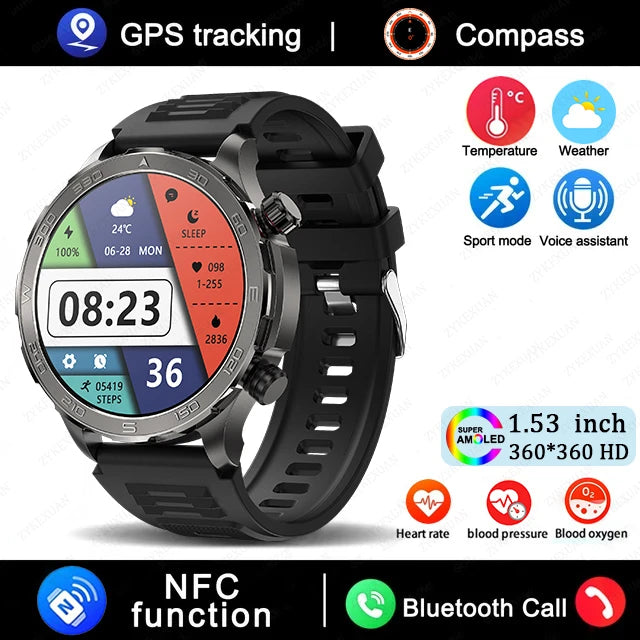 New GPS Track Smart Watch Men AMOLED HD Screen Outdoor Sports Fitness Heart Rate NFC IP68 Waterproof Bluetooth Call Smart Watch