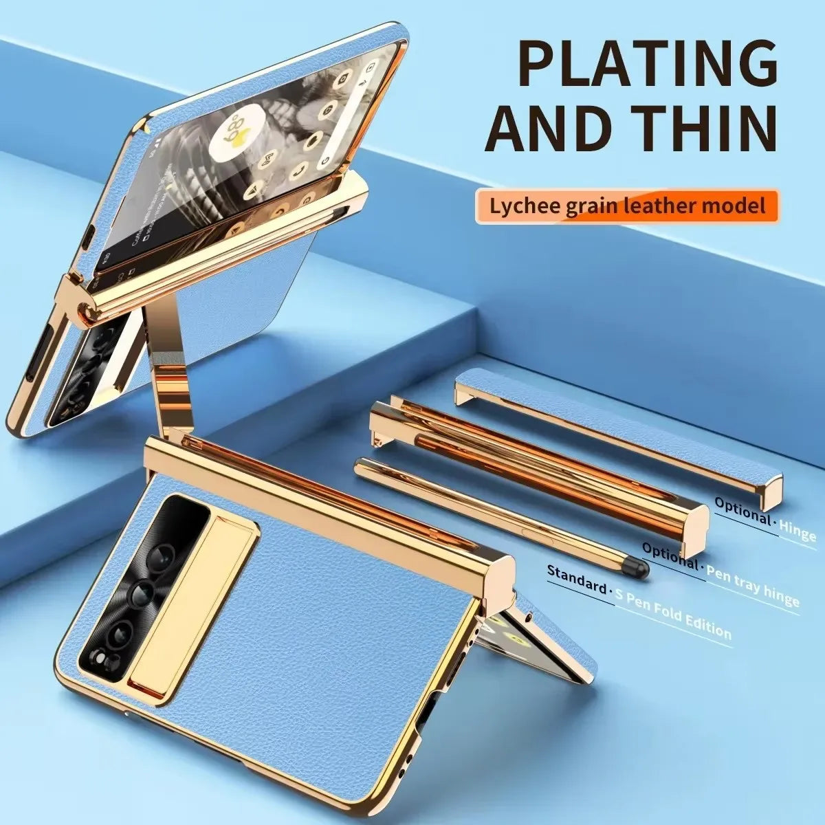 Phone case For Google Pixel Fold Plain Leather Plating Bracket Double Hinge with Pen Shell Film All-inclusive Protective Case