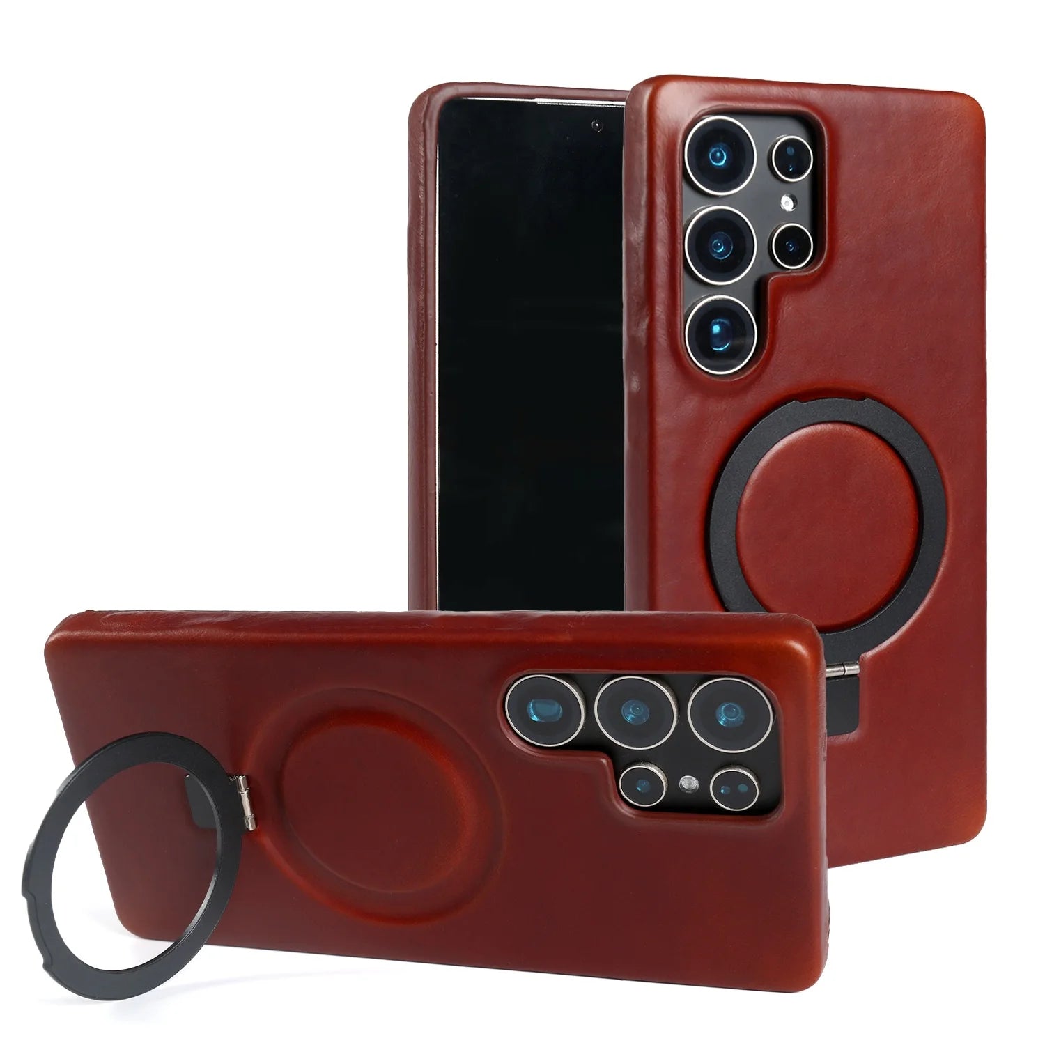 Luxury Magnetic Ring Genuine Leather Case For Samsung Galaxy S25 Ultra S24 S25edg S23 S22 S21 S20 S23 Stand Bracket Phone Cases