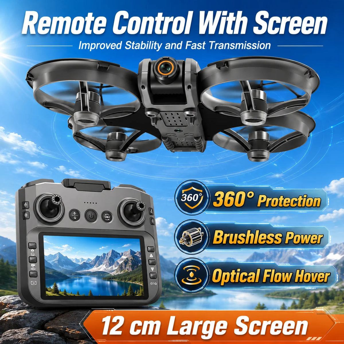 ZNLYRION S156 RC Drone 8K Dual Camera Quadcopter with 5.9-inch Screen Remote Brushless Motor Optical Flow Hovering 360° Protection WiFi FPV Remote Control Aircraft with Storage Bag 1 Battery