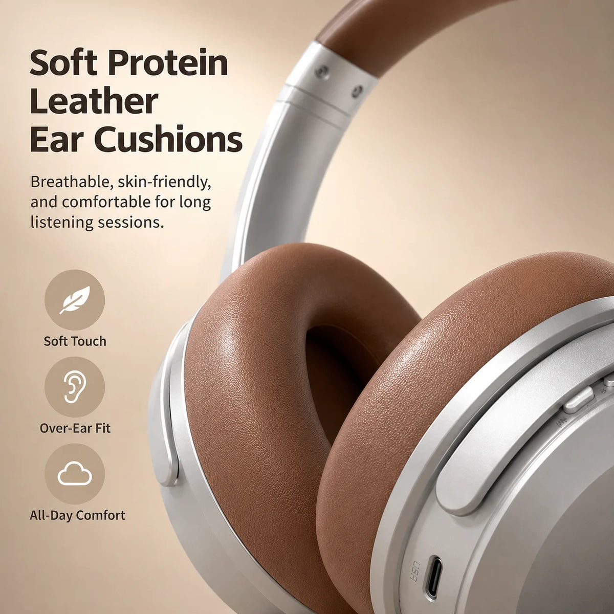 ANC Headphones Bluetooth 5.3 Over Ear Earphones Wireless Hi-Fi Stereo Headset with Mic 35H Playtime Type-C AUX Foldable Design