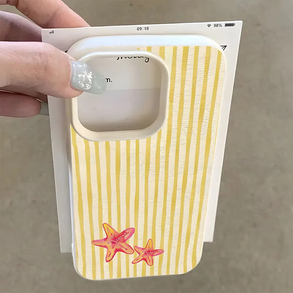 Cute Starfish Stripe Pattern Lychee Soft Phone Case For iPhone 11 12 13 14 15 Pro 16 17 Pro Max 15 14 Plus 17 Air X Xs XR Cover
