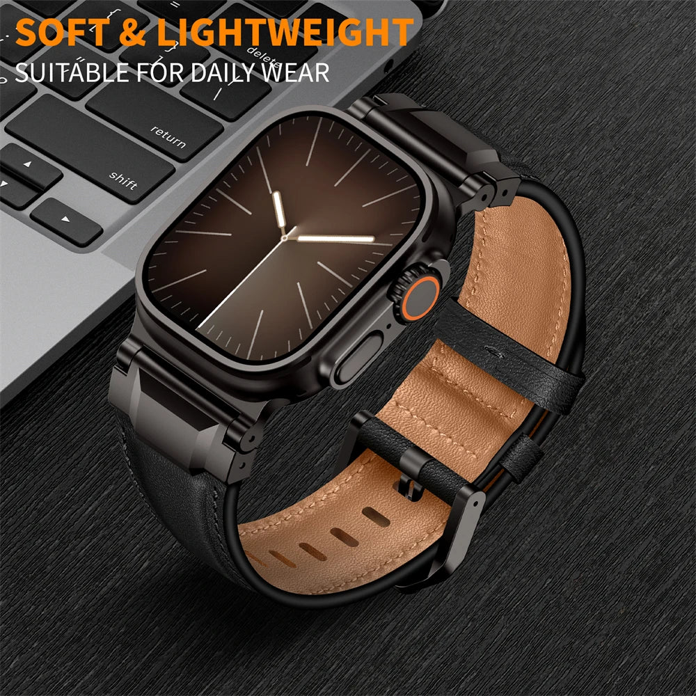 Genuine Leather bands For Apple watch ultra 3 2 49mm 44mm 45mm 46mm NEW Mecha Design bracelet iWatch series 11 10 9 8 7 6 5 SE