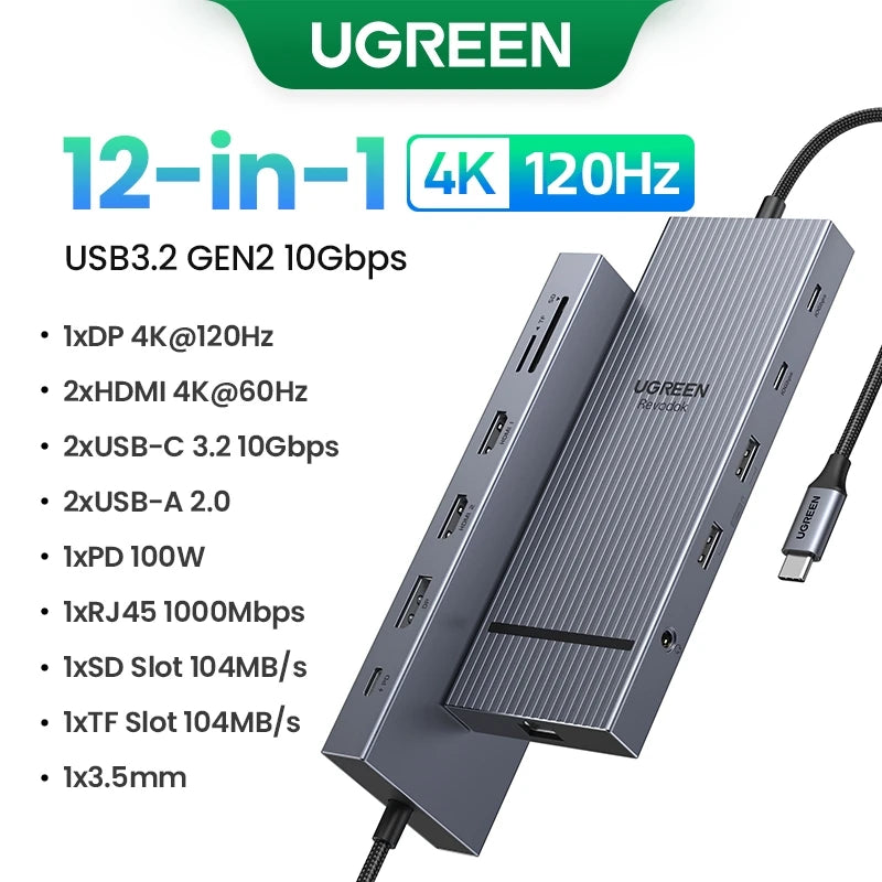 UGREEN 13-in-1 USB-C HUB Triple Monitor Extend 4K 2xHDMI 1xDP 10Gbps USB3.2 PD100W SD/TF RJ45 Dockingfor Windows Laptop HP Dell