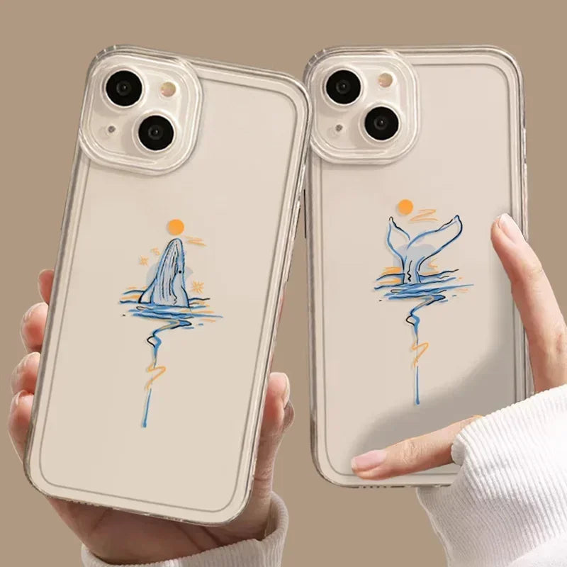 Clear Dolphin Whale Paired Couple Phone Case For iPhone 17 15 14 13 11 12 16 Pro Max Plus Mini 17E SE4 7 8 Lovers Cover Fundas
