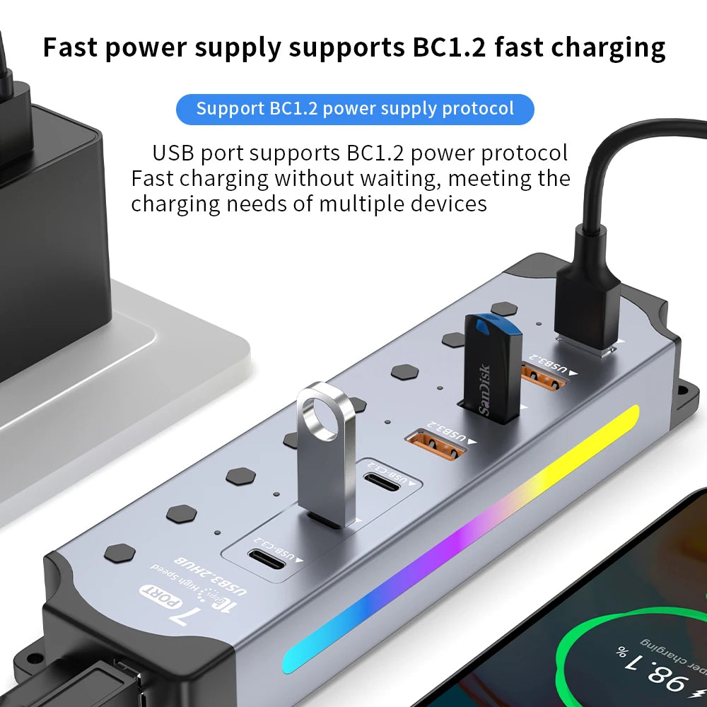 7Port USB 3.2 USB-C Hub 10Gbps USB-A USB-C Ports Splitter Individual Switches 12V US/EU Power Adapter Expander for Laptop PC