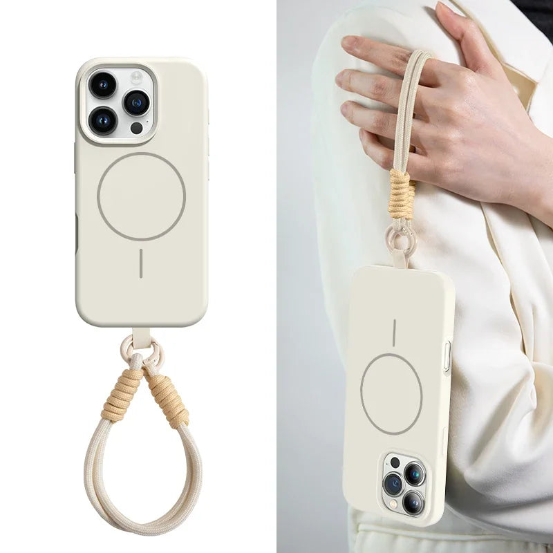 Official Liquid Silicone Lanyard Strap Rope Case For iPhone 18 17 16 14 15 Plus 12 13 11 Pro Max For Magsafe Magneitc Soft Cover