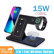 15W 3 in 1 Wireless Charger Stand Pad Foldable Fast Charging Station Dock For IPhone17 16 15 14 13 12 11 X 8 Apple Watch Airpods