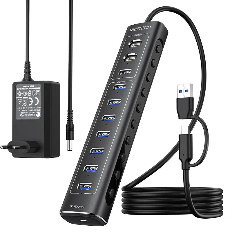 RSHTECH 60W USB 3.1 Hub 10Gbps for Laptop Macbook with 7 USB3.0 Port and 20W PD Aluminum USB Splitter Data Transfer Dock Station