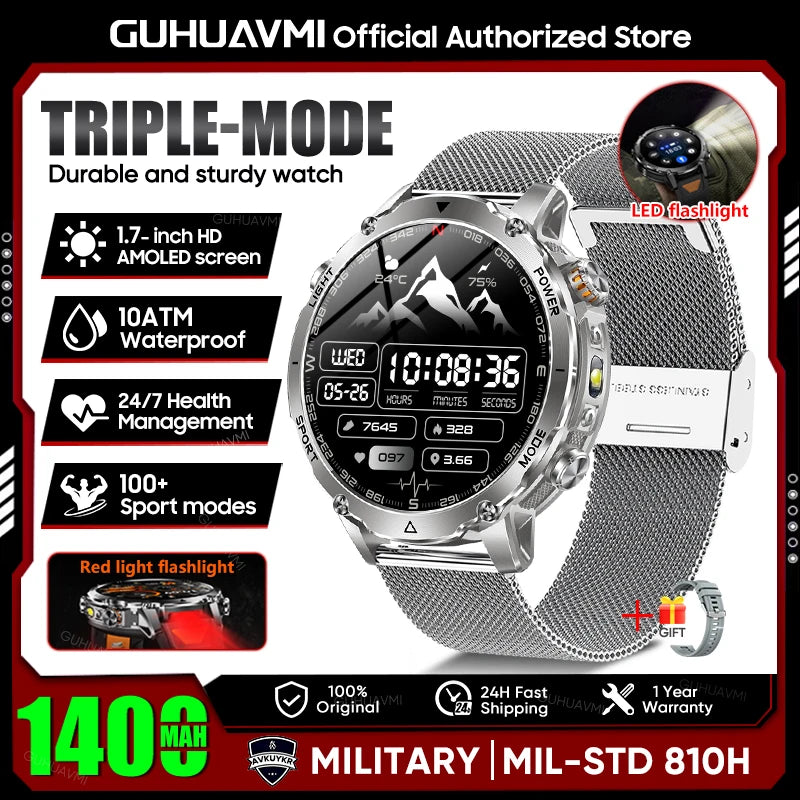 2026 New TANK Ultra 1400mAh Battery Military Smart Watch 10ATM Waterproof Heart Rate Tactical LED Flashlight Men Sports Bracelet