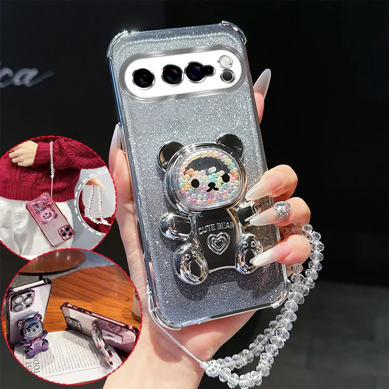 4 Corner Shockproof Phone Case with Cute 3D Bear Stand Crystal Chain Lanyard Glitter For Google Pixel 9 8 10 7 Pro XL Back Cover