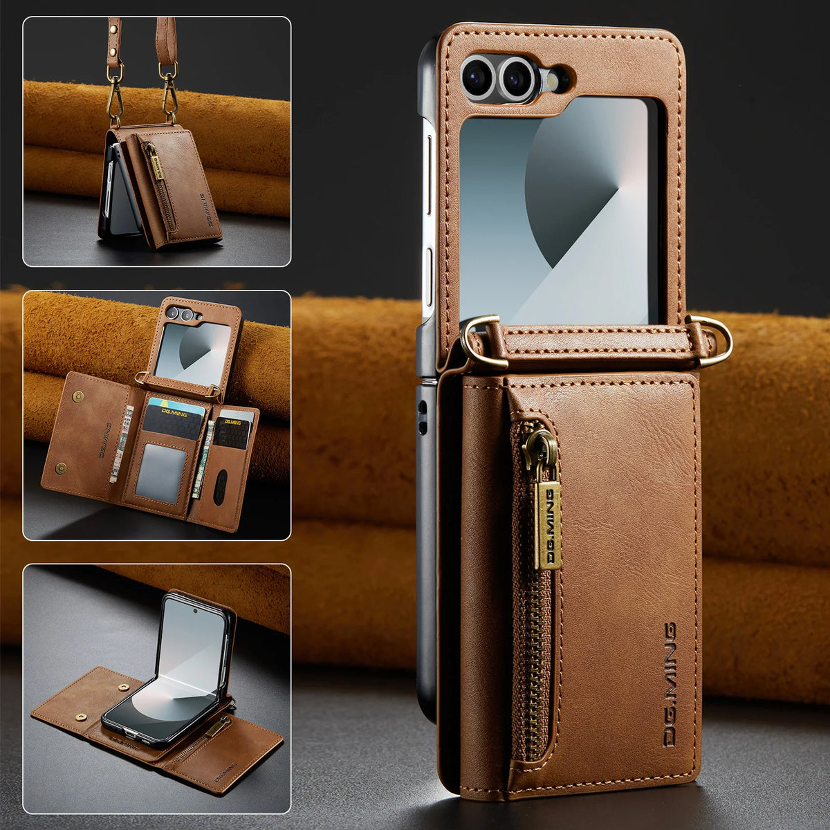 2 in 1 Luxury Leather Flip Phone Case For Samsung Galaxy Z Flip 8 7 6 5 4 3  Magnetic Wallet Card Solt Zipper Lanyard Cover ﻿