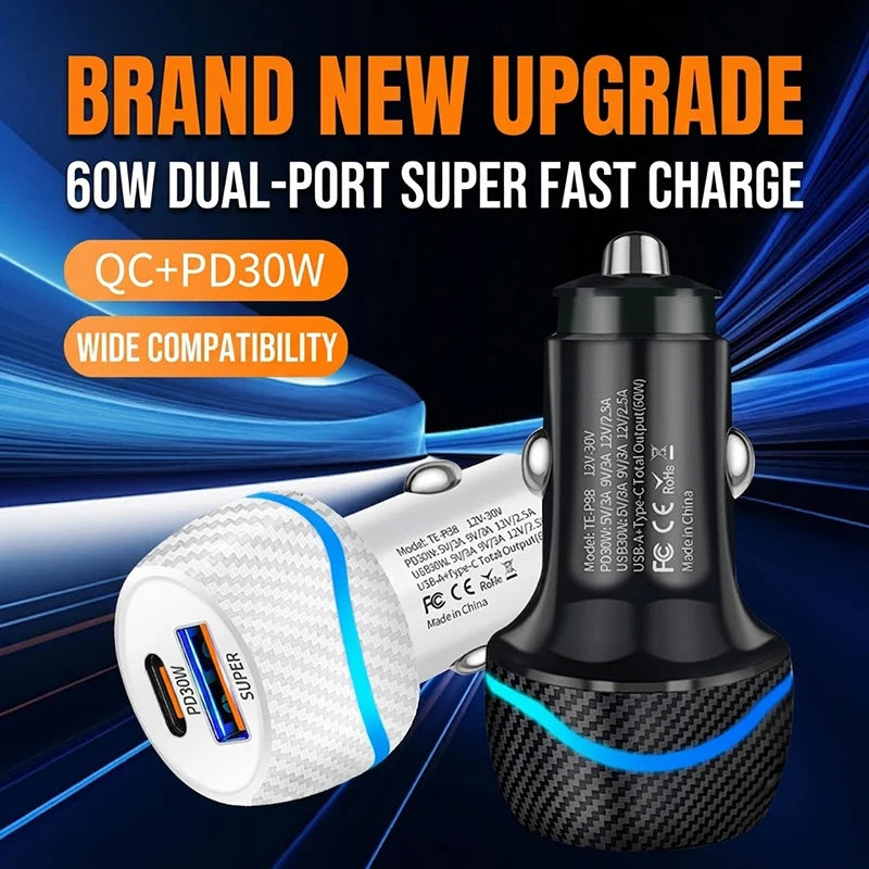 60W Dual Port Car Charger Carbon Fiber Style USB C PD 30W QC 30W Fast Charging Auto Cigarette Lighter For iPhone For Samsung