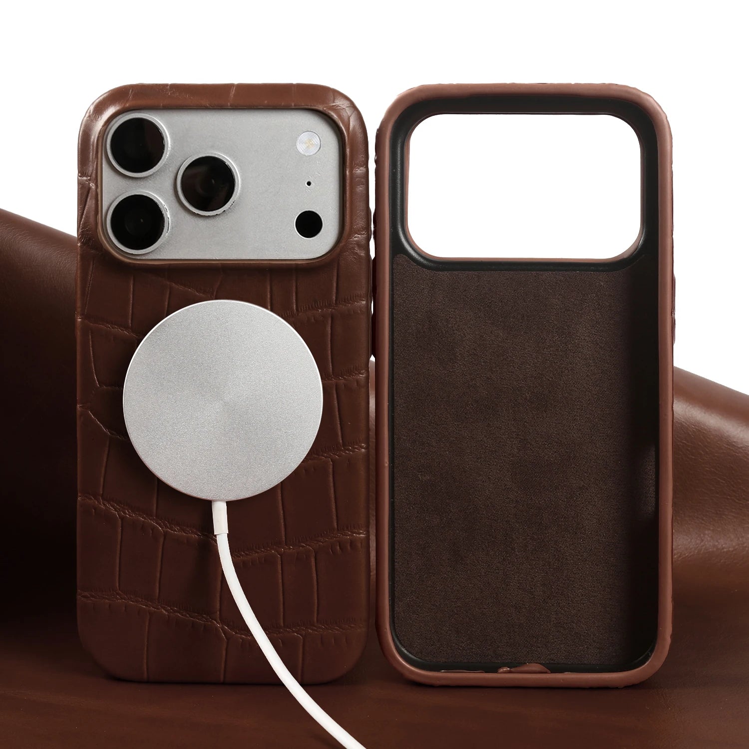 Crocodile Pattern Genuine Leather Phone Case Magnetic Charging Cover For iphone 17 Pro Max iphone Air 16 15 14 Cowhide BackShell