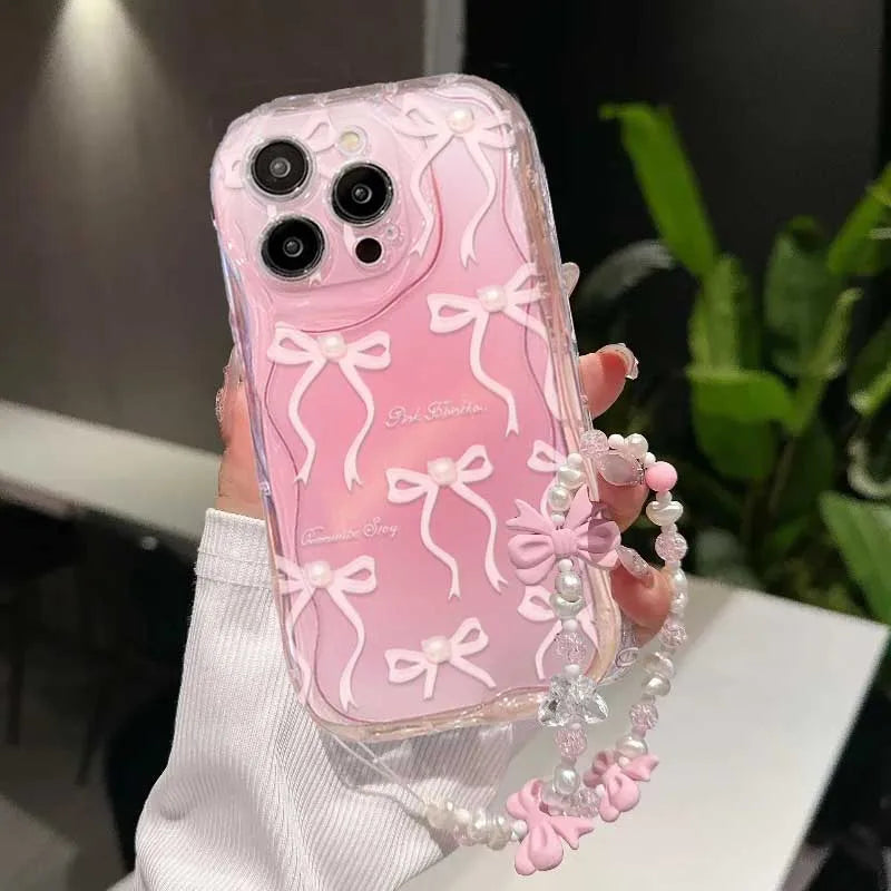 Pink Bow Pattern Chain Case For Samsung Galaxy S25 Ultra S22 S21 S20 Plus S21FE S20FE S25FE A31 Soft Silicone Cover