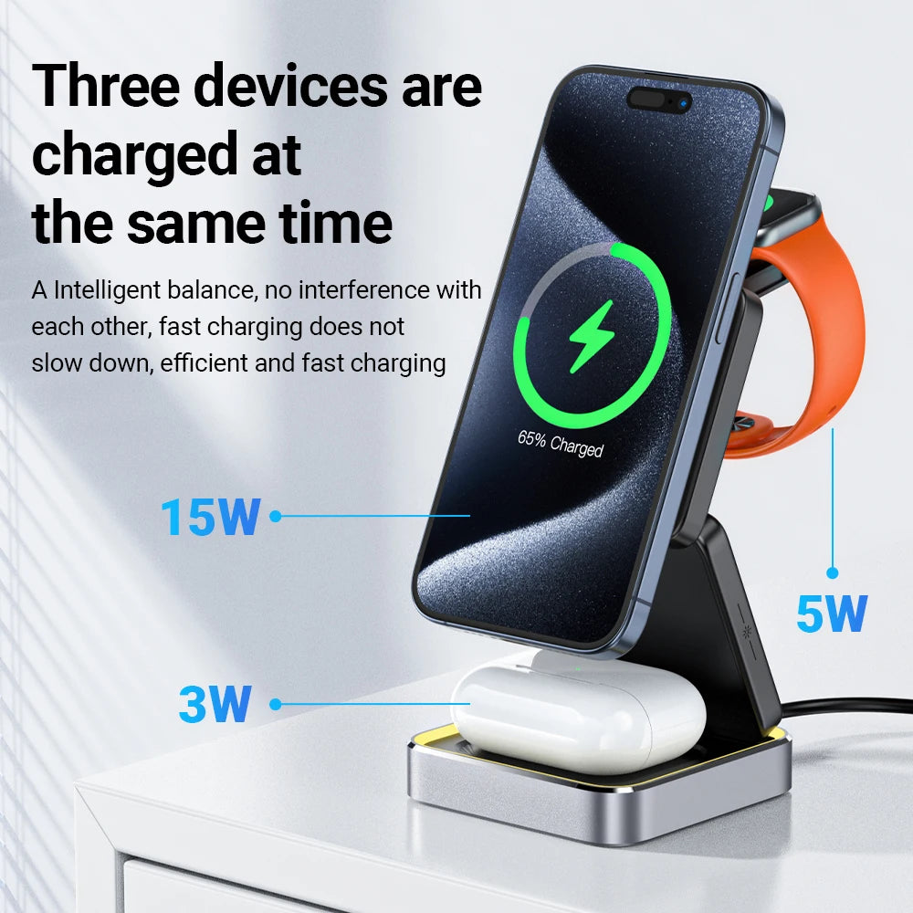 ACEFAST Aluminum Alloy 15W Wireless Magnetic Wireless Charging Holder For iPhone 16/15/14 Foldable 3 in 1 Charging Dock Station