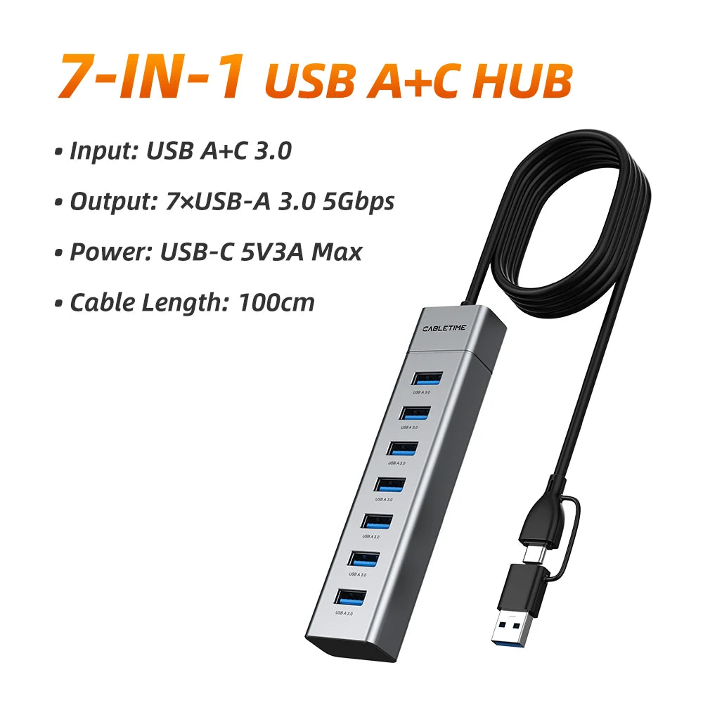 CABLETIME 7 IN 1 USB A Hub USB C HUB USB 3.0 5Gbps Fast Data Transfer Aluminum Durable Shell for Laptop Mac TV Hard Drive C HUB