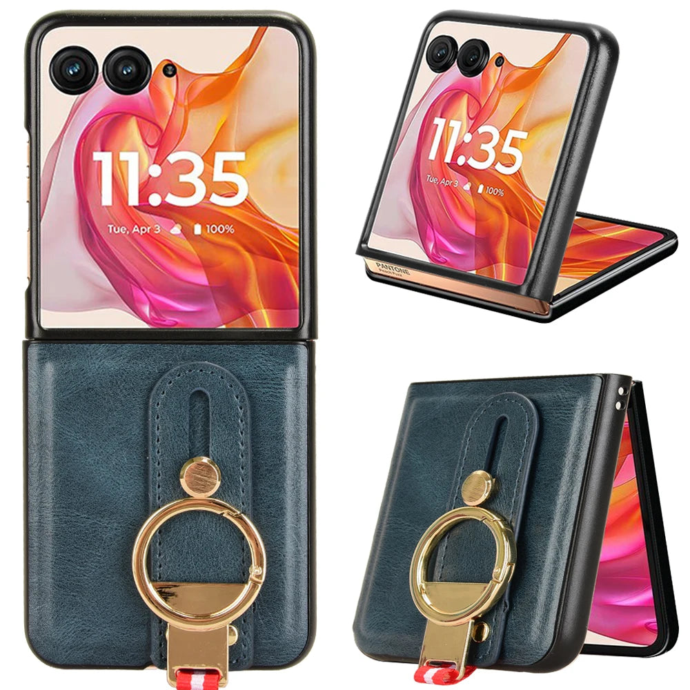 Luxury Wristband Leather Case for Motorola Razr 70 60 50 Ultra 2026 2025 2024 Moto Razr 40 Plus 2023 Cover Ring Opener Funda