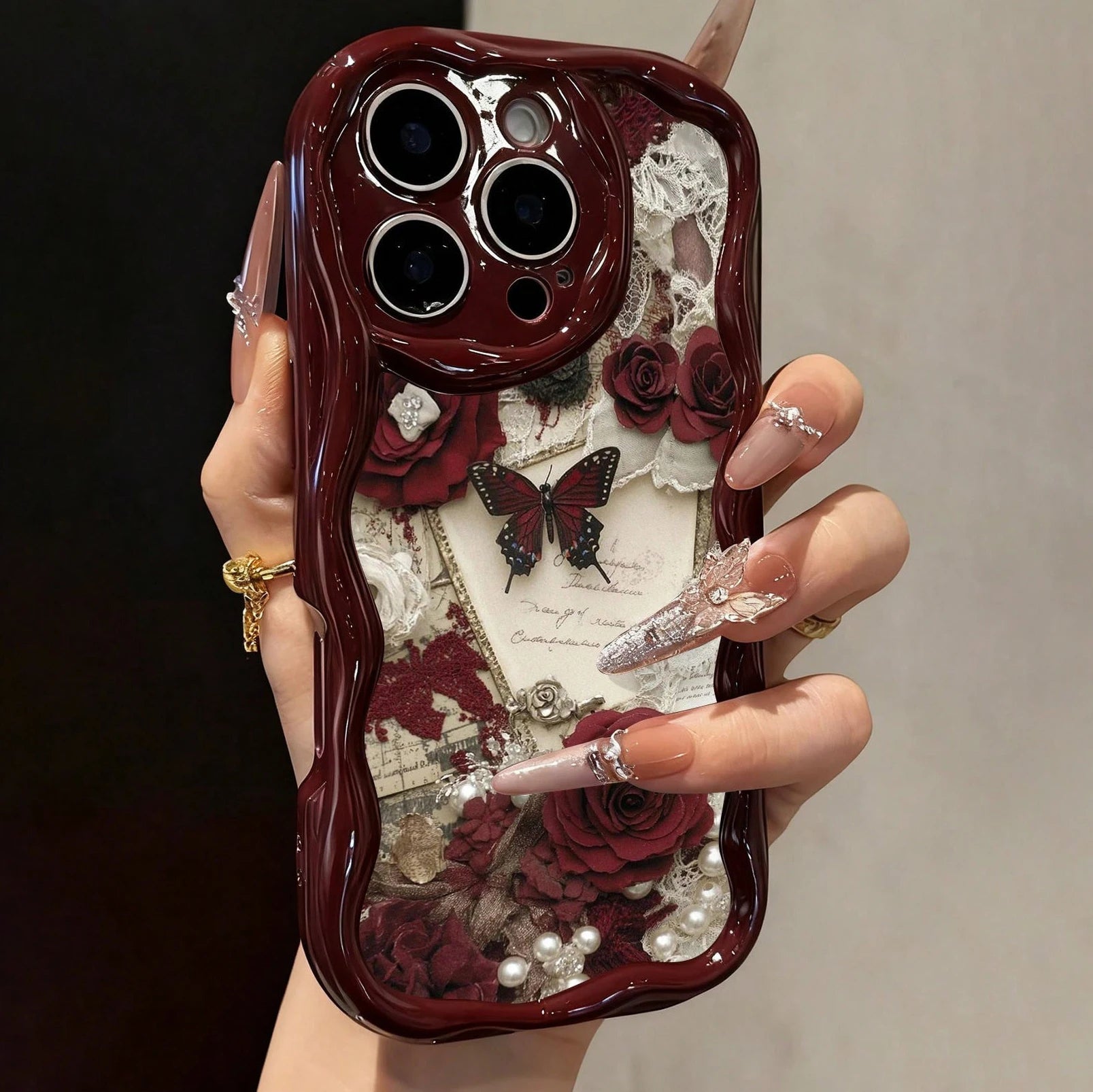 Butterfly Painted Flat Printing Wine Red Cream Texture Soft Phone Case For iPhone 17 16 15 14 13 12 11 Pro Max 16 Plus 17e Cover
