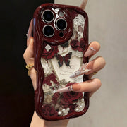 Butterfly Painted Flat Printing Wine Red Cream Texture Soft Phone Case For iPhone 17 16 15 14 13 12 11 Pro Max 16 Plus 17e Cover