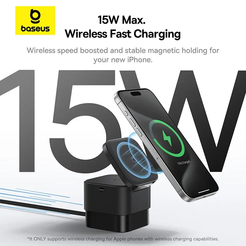 Baseus 3 in 1 Magnetic Wireless Charger Stand 15W Fast Wireless Charging 25W Desktop Dock Station For iPhone16 15 14 13 Airpod
