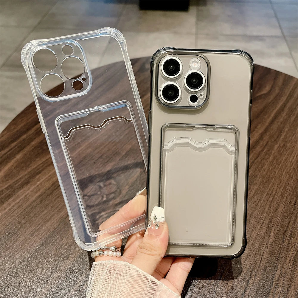 Clear Card Pocket Shockproof Case for iPhone 17 16 15 14 13 12 11 Pro Xs Max 16e X XR 6 6s 7 8 Plus SE 2020 2022 Silicone Cover