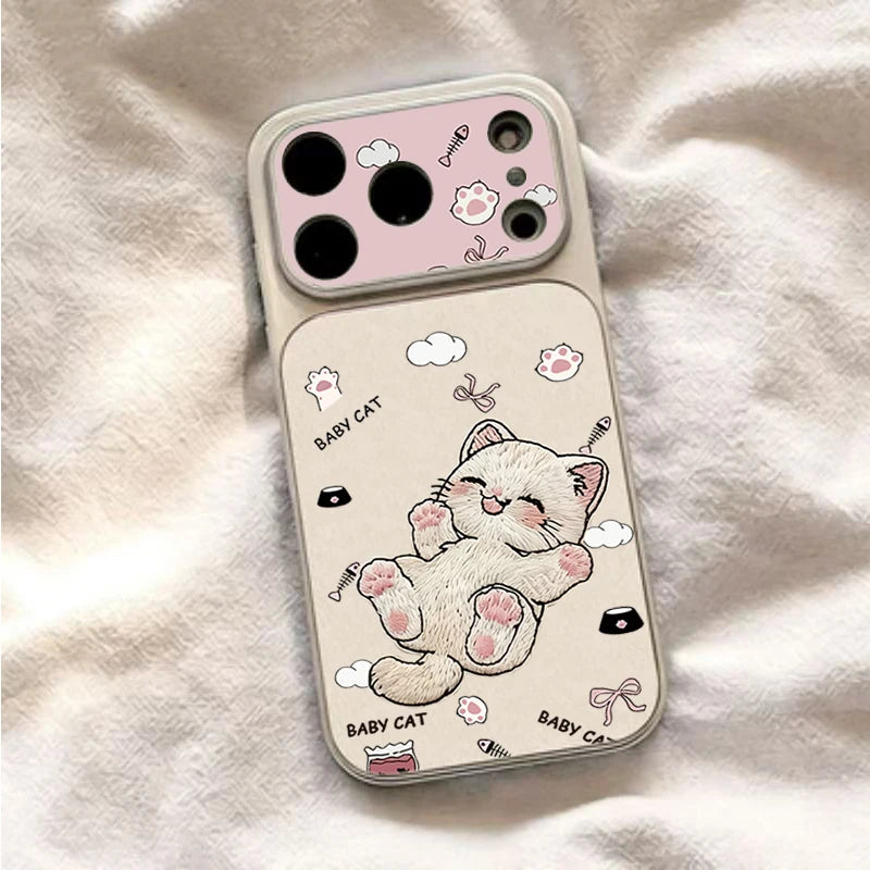 Embroidere Cat Large Viewing Window Phone Case For iPhone 17 Air 16 15 14 13 12 11 Pro Max Pro Dustproof Hard Skin texture Cover