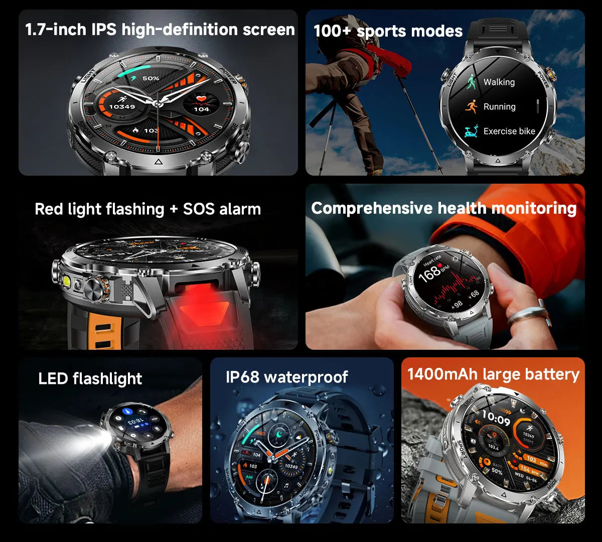 New 1400mAh Big Battery Smart Watch Men Outdoor GPS Flashlight IP68 Waterproof Bluetooth Call AMOLED Military Sports Smartwatch