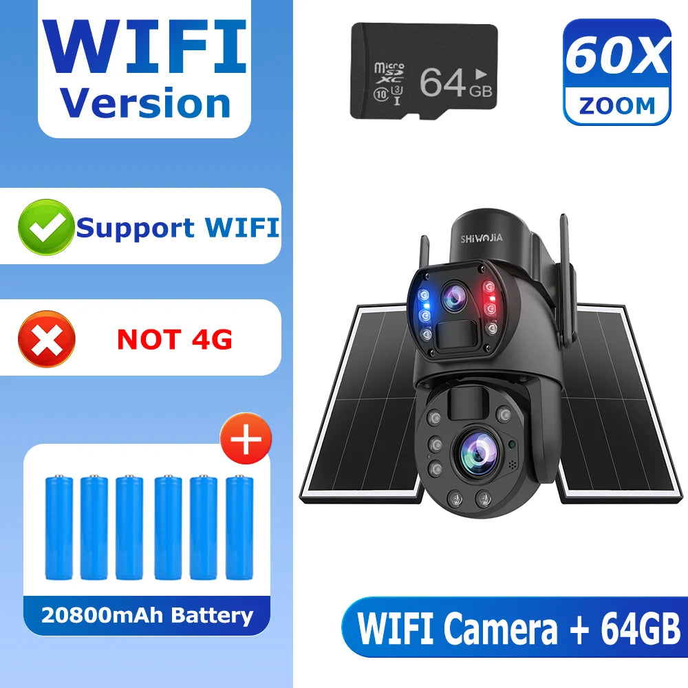 SHIWOJIA 4G Solar Security Camera Outdoor 60X Zoom Dual Screen 10MP WiFi PIR Detection AI Auto Tracking Camera UBOX