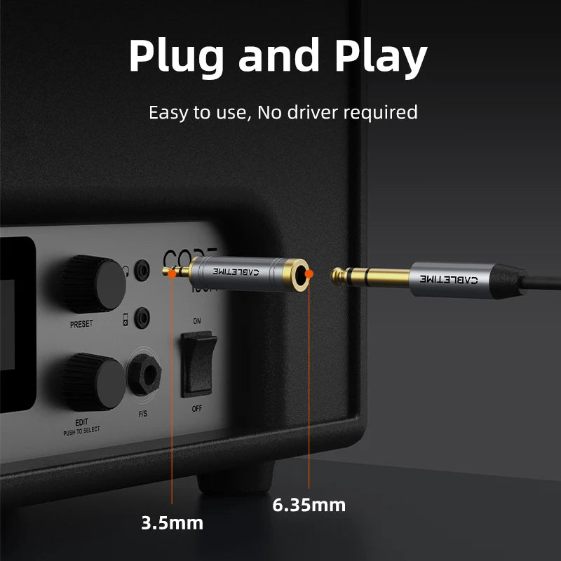CABLETIME Aux 3.5mm to 6.35mm Audio Adapter 3.5mm Male to 6.35mm Female Video Converter for Phone Mic Computer