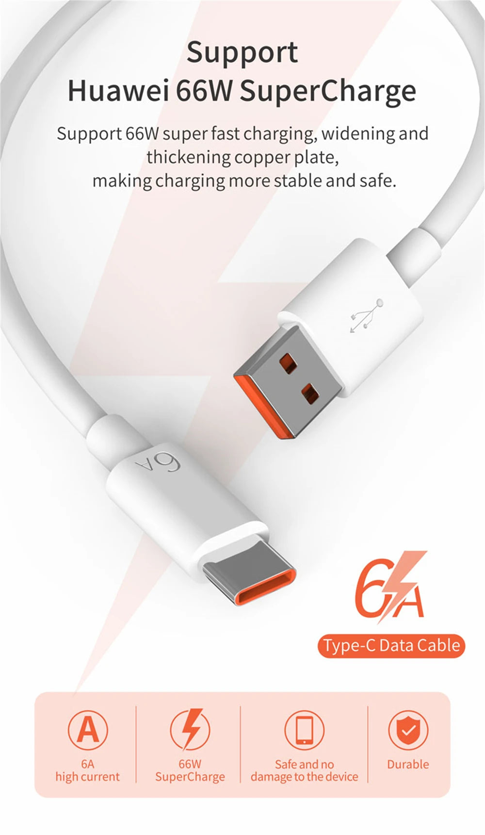 USB Fast Charger 66W Fast Charging QC3.0 EU/US Plug Wall Adapter 6A USB To Type C Cable For Huawei Mate 50 60 Nova 10 Honor 100