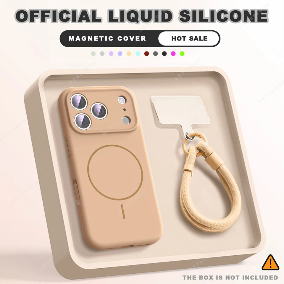 Magnetic Wrist Strap Liquid Silicone Phone Case For iPhone 11 12 13 16 17 Pro Max Air 15 14 16 Plus 16E Magsafe Lanyard Cover