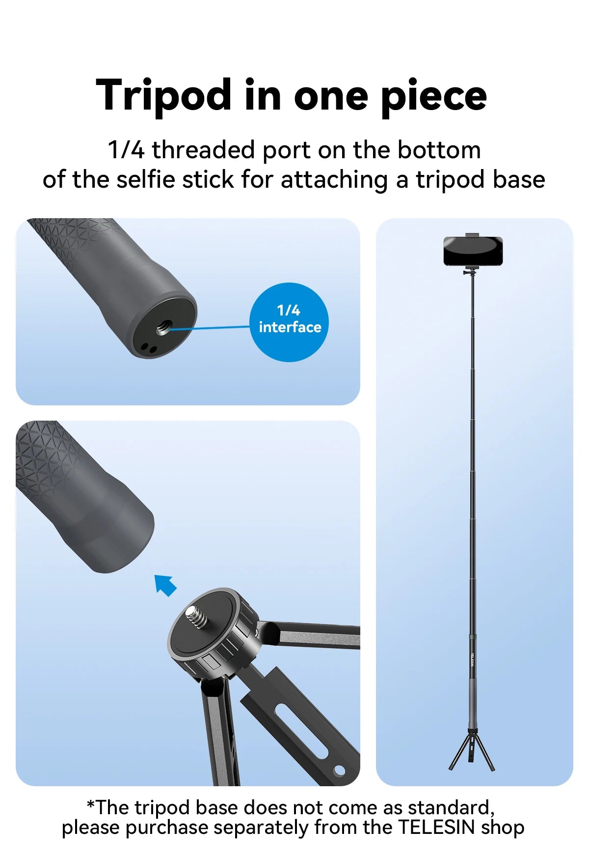 TELESIN 1.2M 3M Carbon Fiber Selfie Stick Monopod Extendable With 1/4 Screw For GoPro Insta360 Osmo Action DJI Action Camera