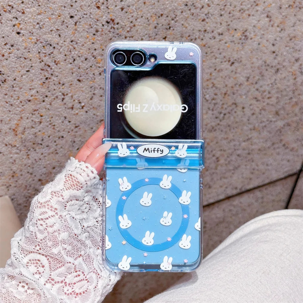 Cute polka dots Miffy Clear Folding Phone Case For Samsung Z Flip 8 7 6 5 4 3 flower Cartoon Miffy protect Cover Wrist Strap﻿﻿﻿﻿