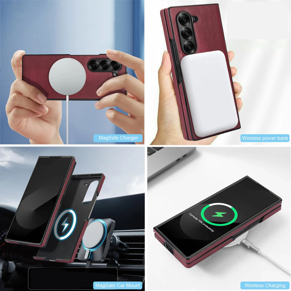 Shockproof Protective Leather Phone Case For Samsung Galaxy Z Fold 8 7 6 5 4 Ultra Magnet Ring Compatible with Wireless Charger